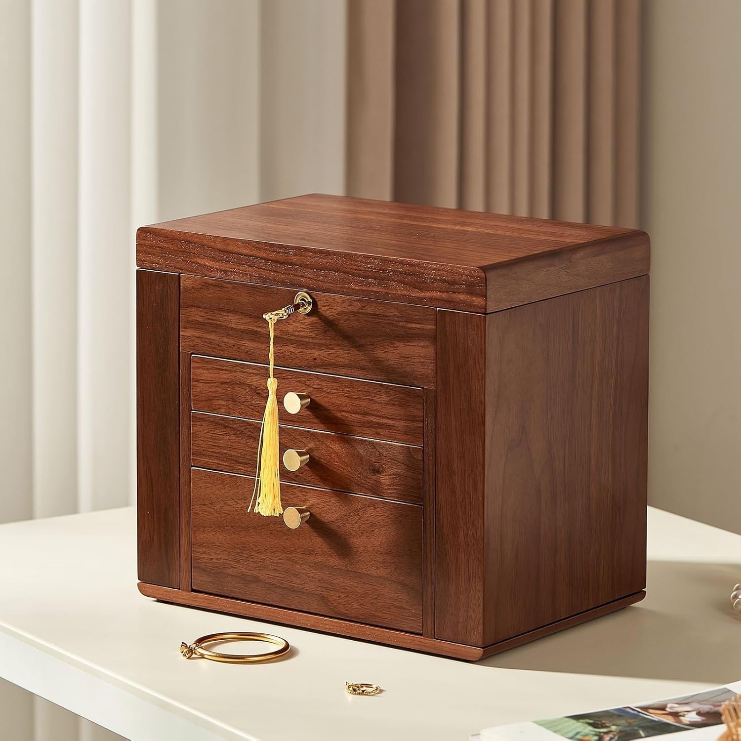 Walnut Wooden Jewelry Organizer Box Lockable Mirror 4 Tier Storage