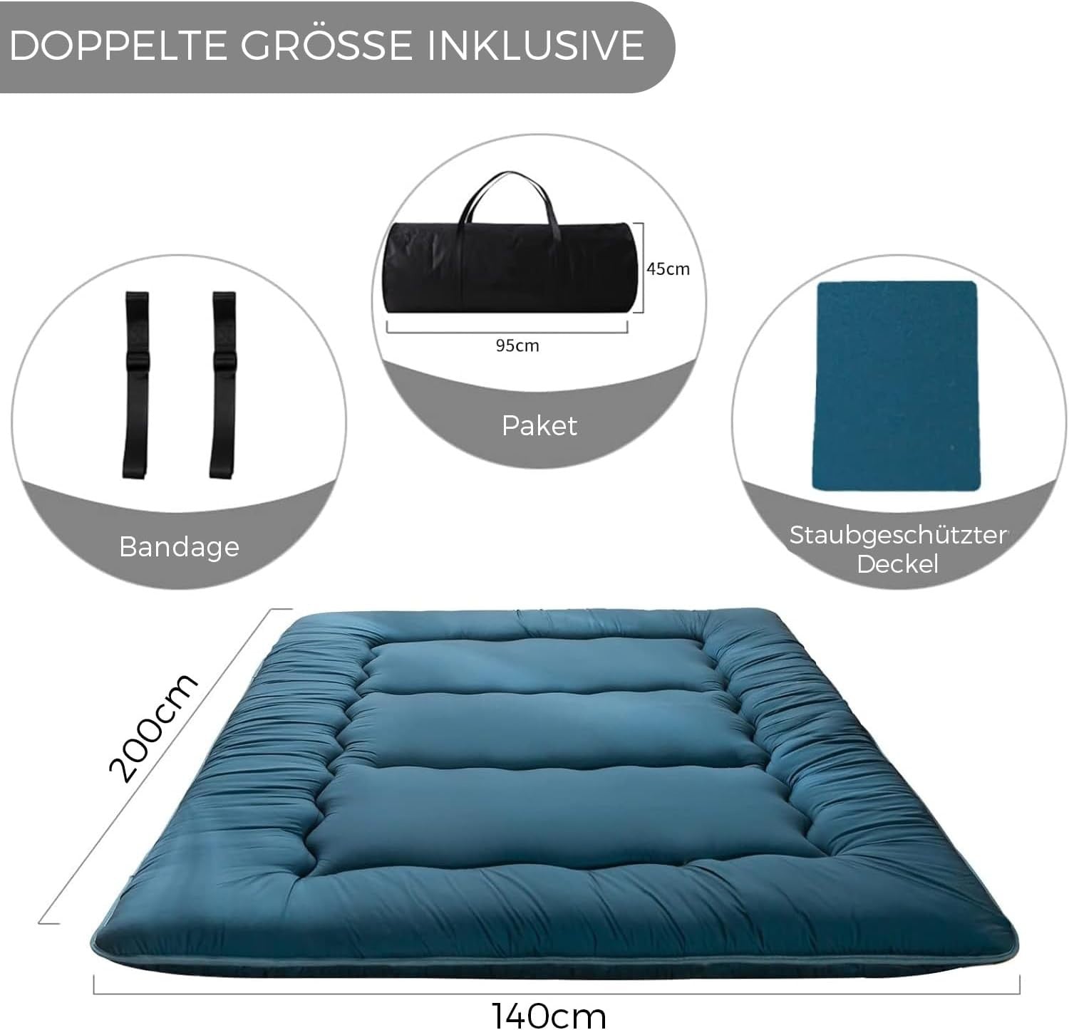 Blue Double Foldable Futon Mattress | Thick Tatami Sleep Pad, Portable Lounger