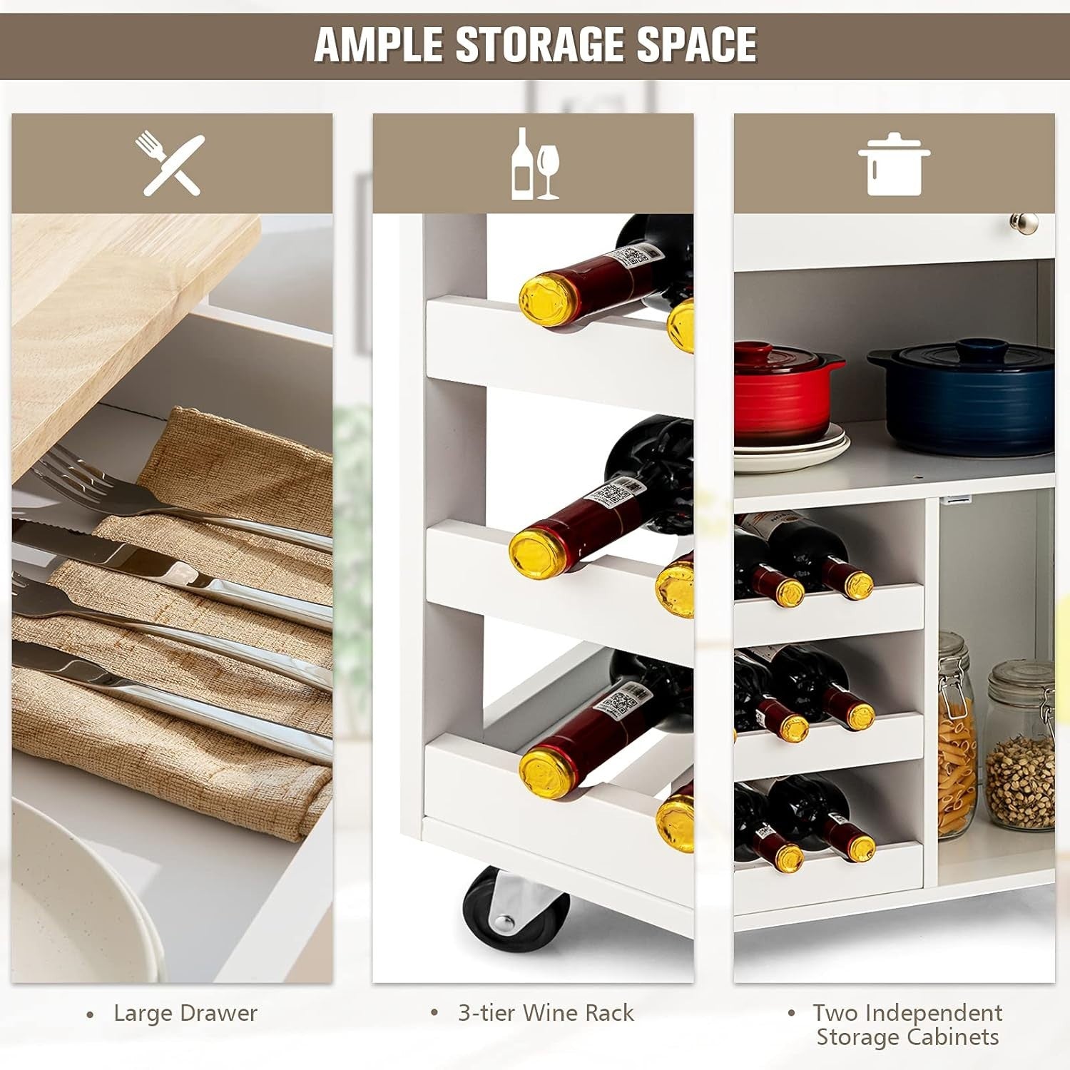 White Rolling Kitchen Island Trolley with Wine Rack, Drawer & Cabinets