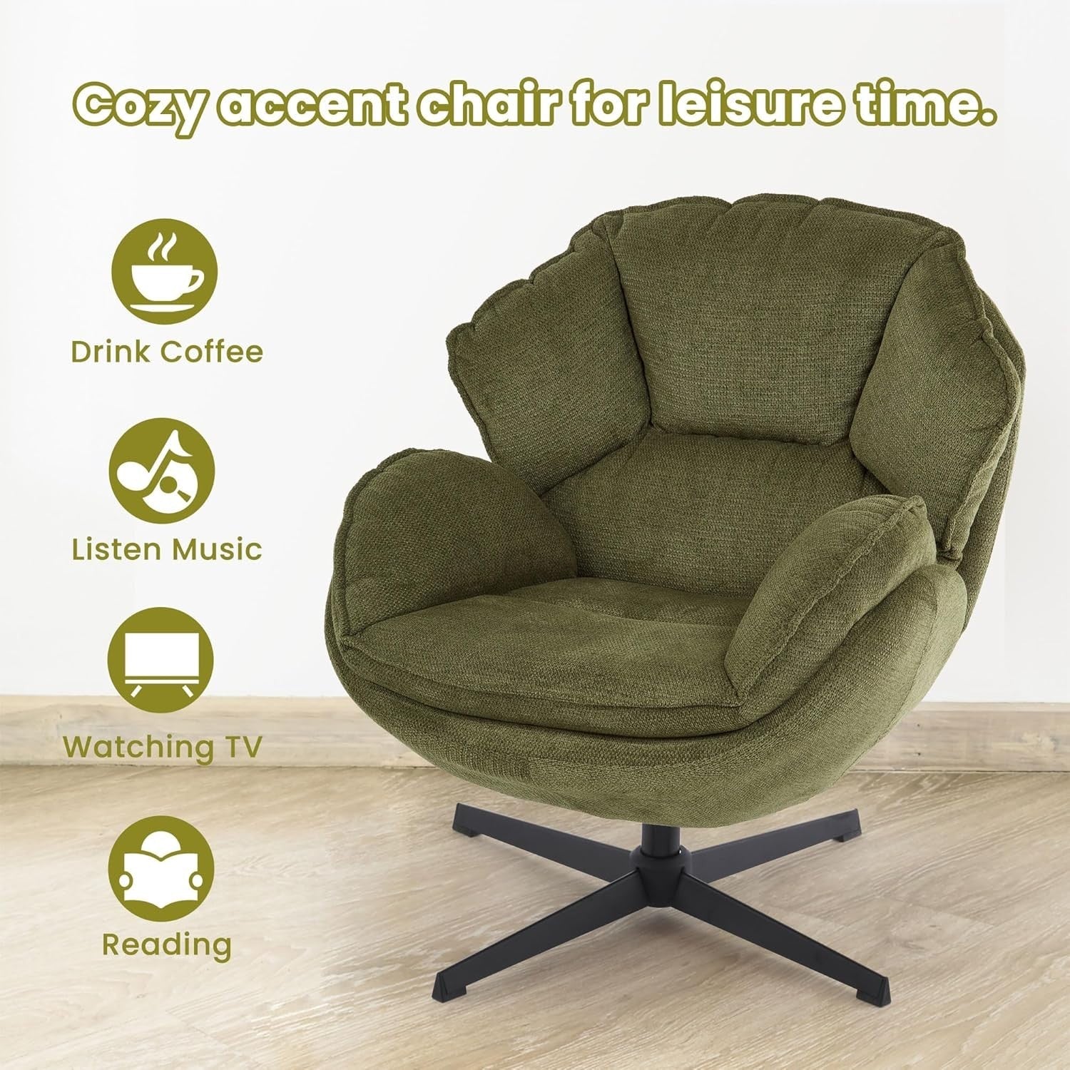 Swivel Accent Chair Tub Armchair Upholstered Reading Chair Metal Legs Green