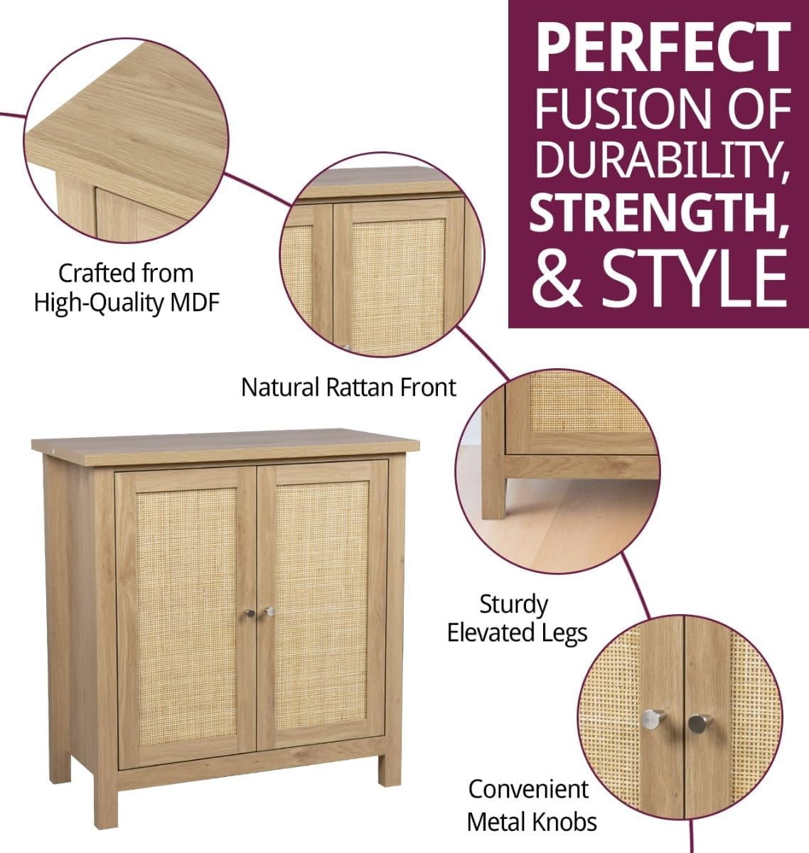Oak Effect Small Cupboard with Rattan Doors 2 Tier Boho Storage Unit