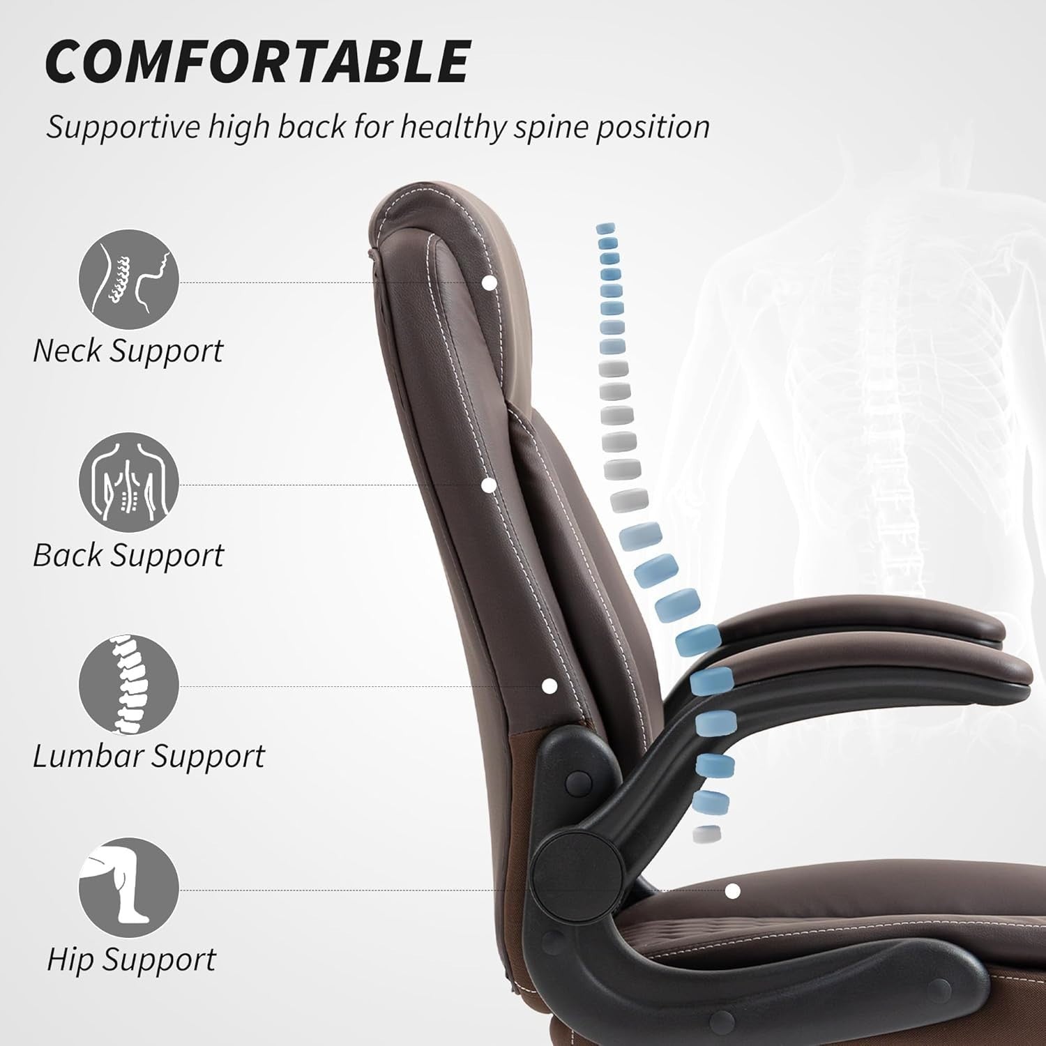 Ergonomic Brown Faux Leather Office Desk Chair Adjustable Swivel Rolling