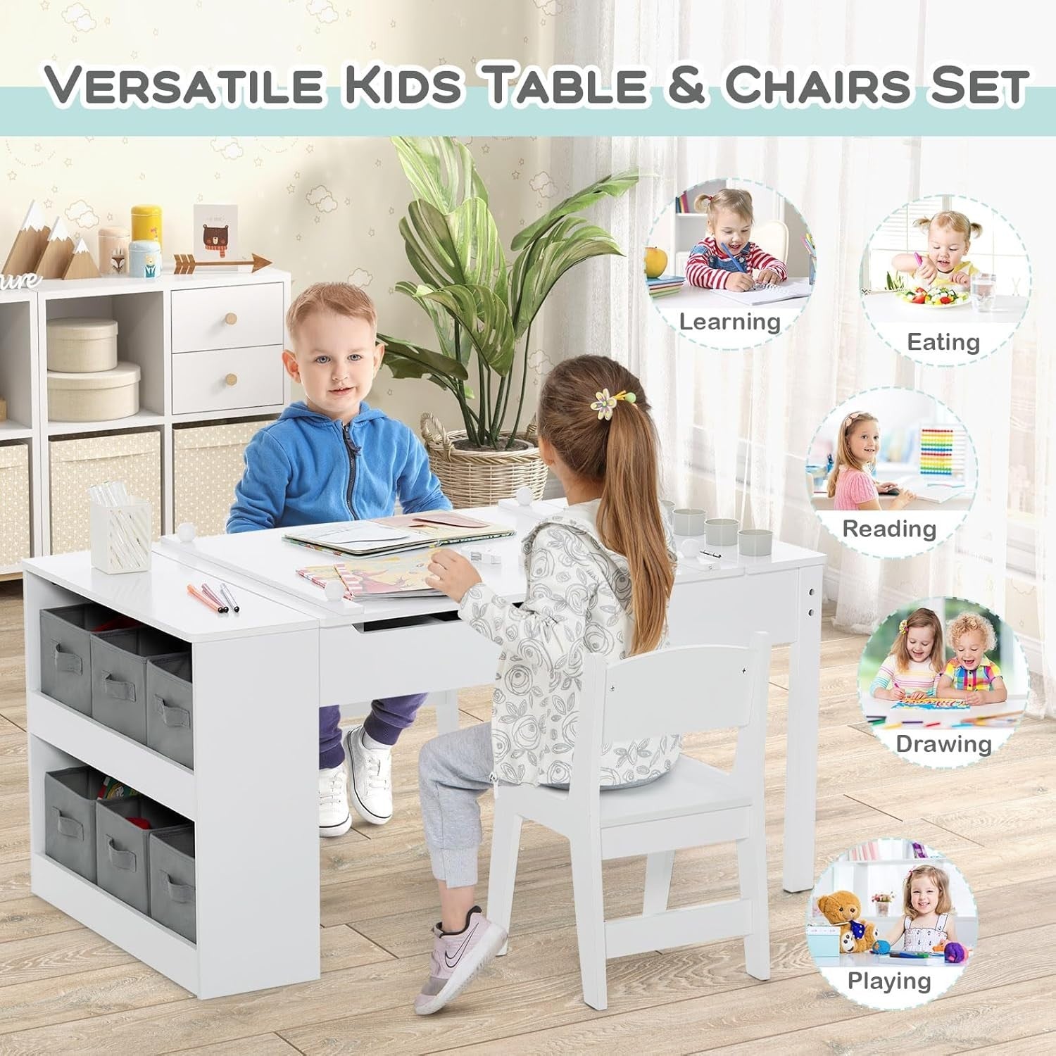 Kids Art Table and Chairs Set with Storage Boxes Drawing Desk White 6 Cups