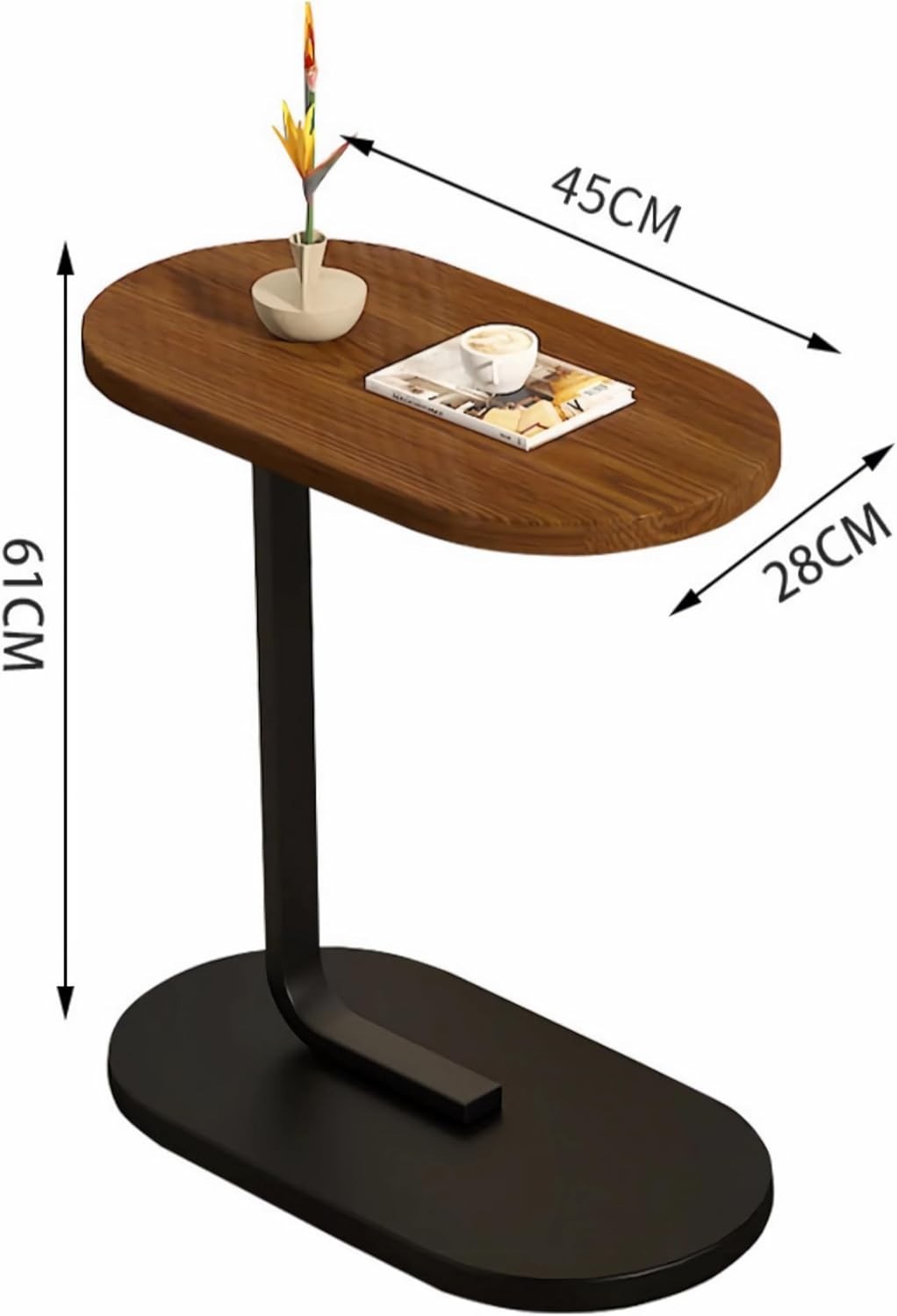 C-Shaped Side Table for Sofa or Bed, Adjustable Legs, 45x28x61cm Brown