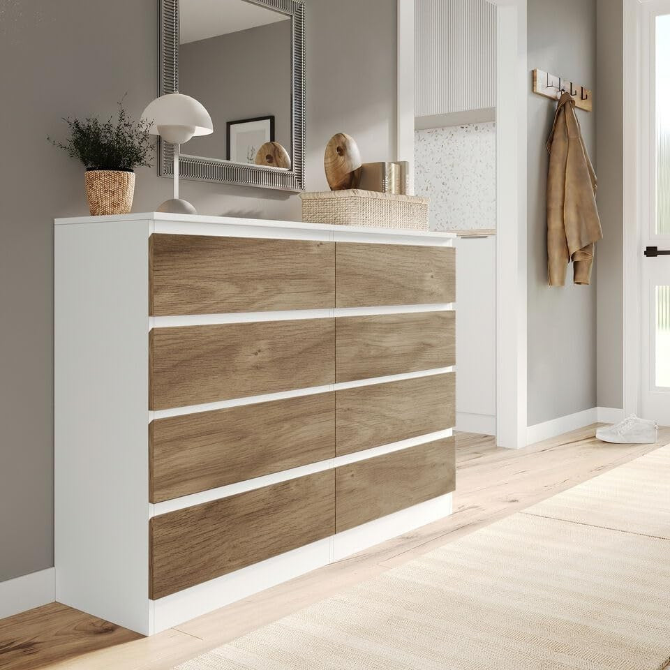 Modern White & Oak 8-Drawer Chest Bedroom Storage Cabinet Office Organizer