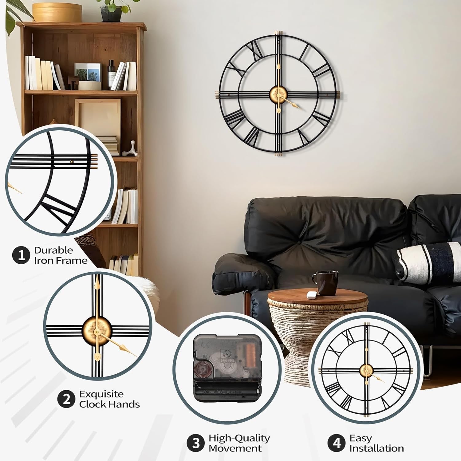 Large Modern Metal Wall Clock 40cm Silent Roman Numeral Skeleton Decor