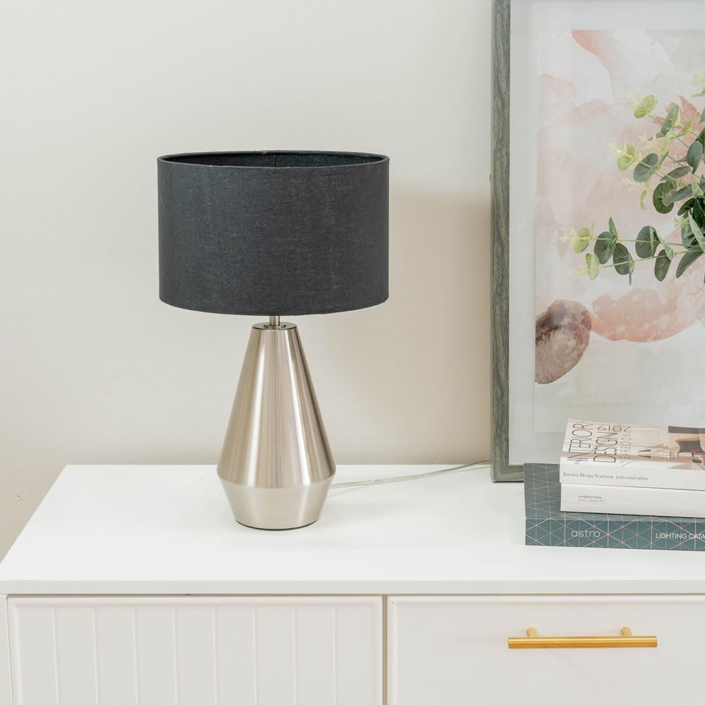 Silver Touch Dimmer Table Lamp Grey Drum Shade Bedside LED Light