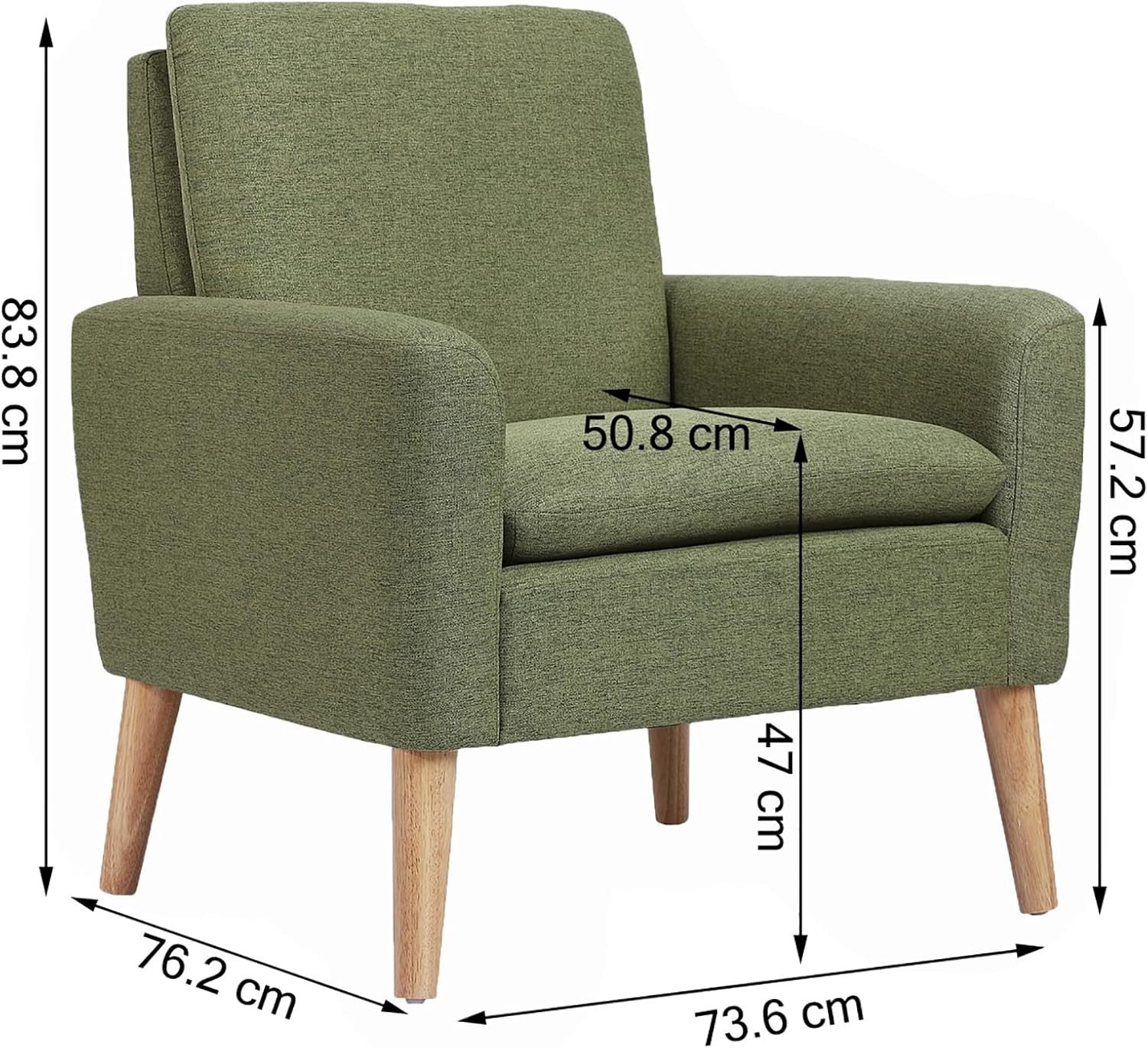 Green Lounge Armchair Upholstered with Wood Legs for Living Room Bedroom