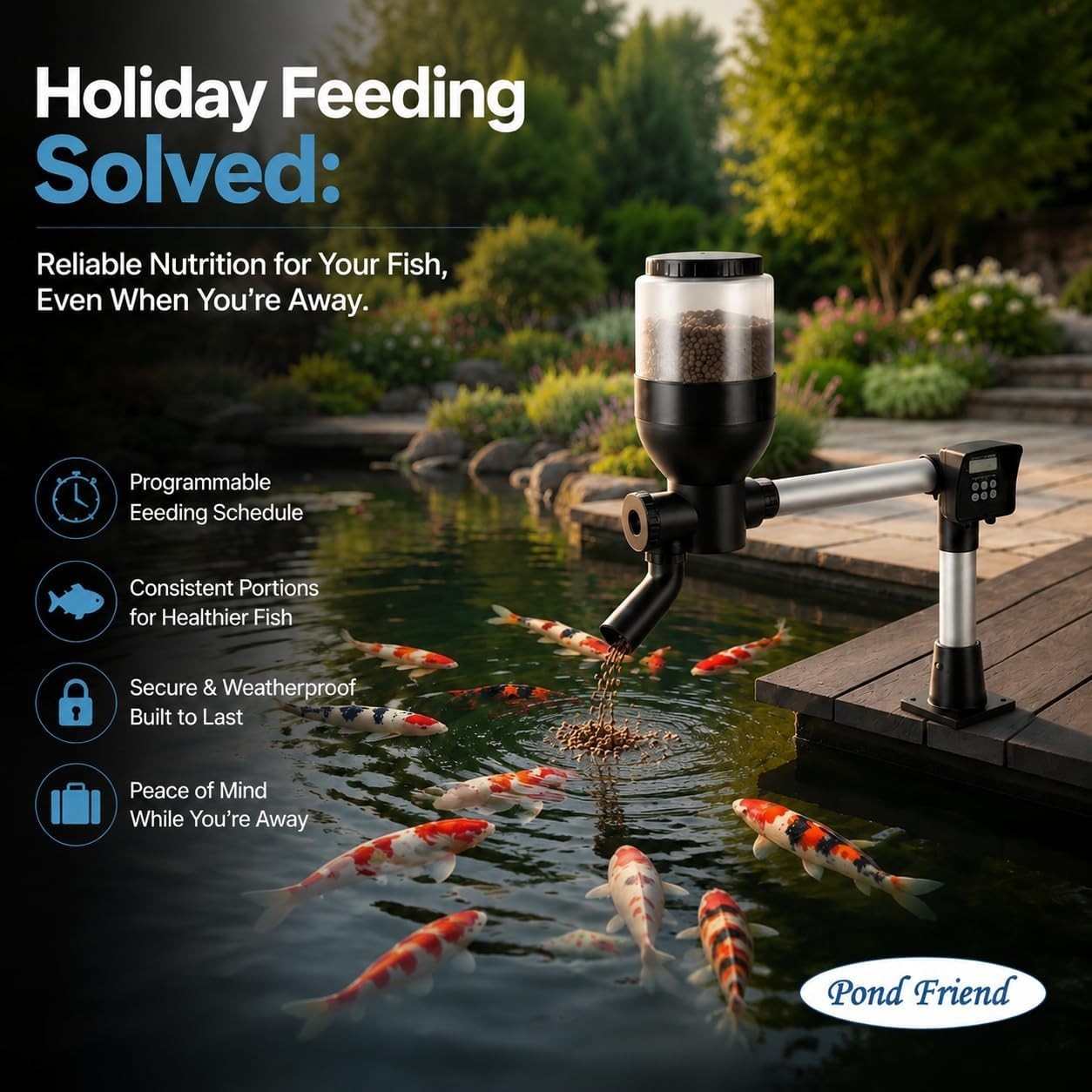 Automatic Pond Fish Feeder 5.5L LCD Timer Koi Goldfish Food Dispenser
