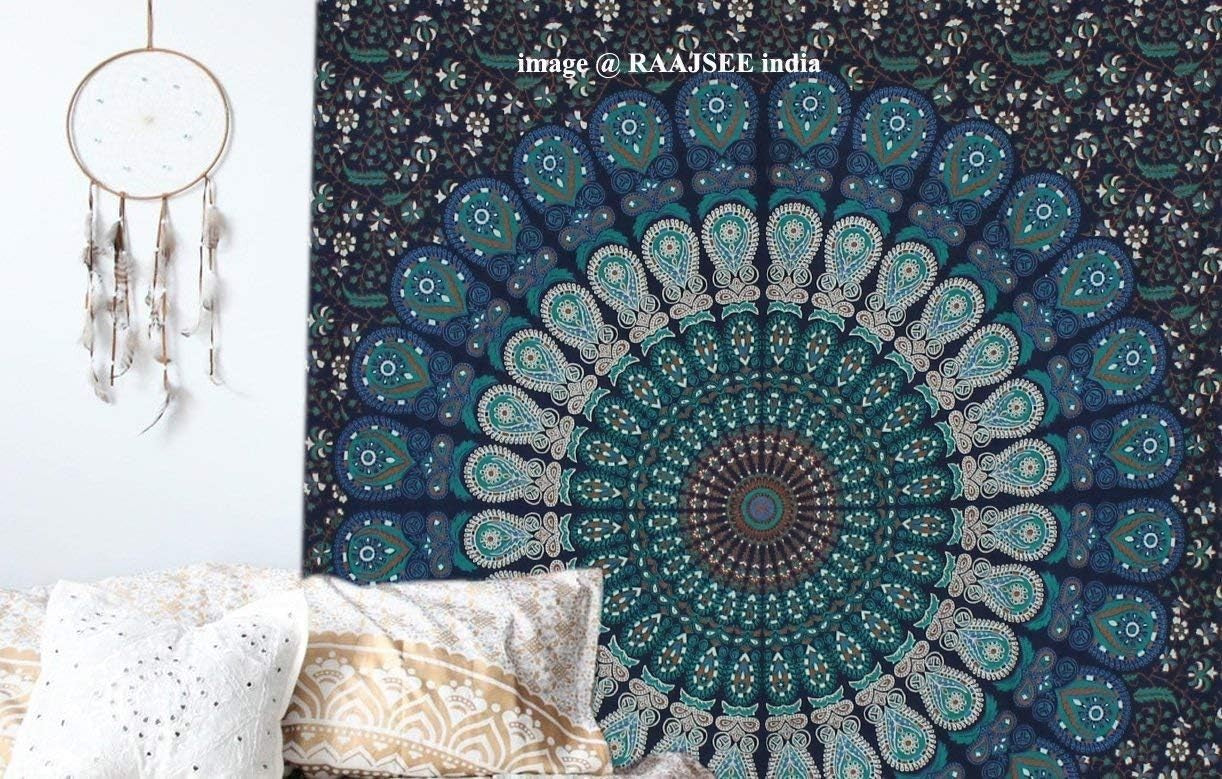 Blue Floral Mandala Tapestry 84x92in Queen Boho Wall Hanging Cotton