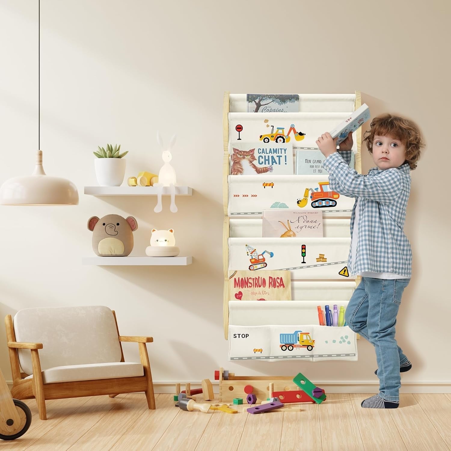 Montessori Kids Bookshelf Wall Mounted 4 Tier Display Storage Rack Shelf