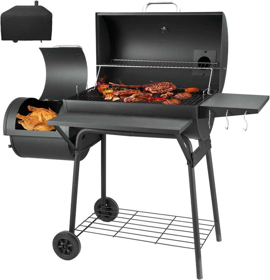 Charcoal BBQ Grill with Offset Smoker, Large Barrel BBQ with Thermometer