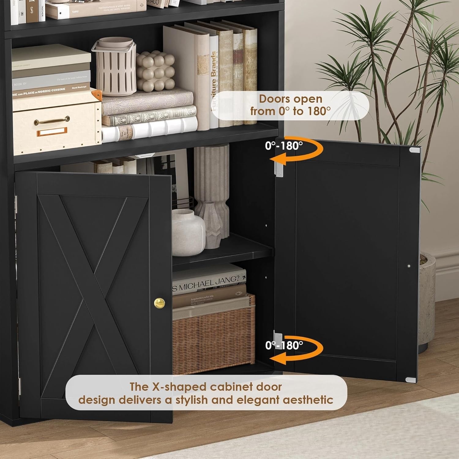 Tall 7-Tier Bookcase with Doors Modern Storage Cabinet Adjustable Shelves Black
