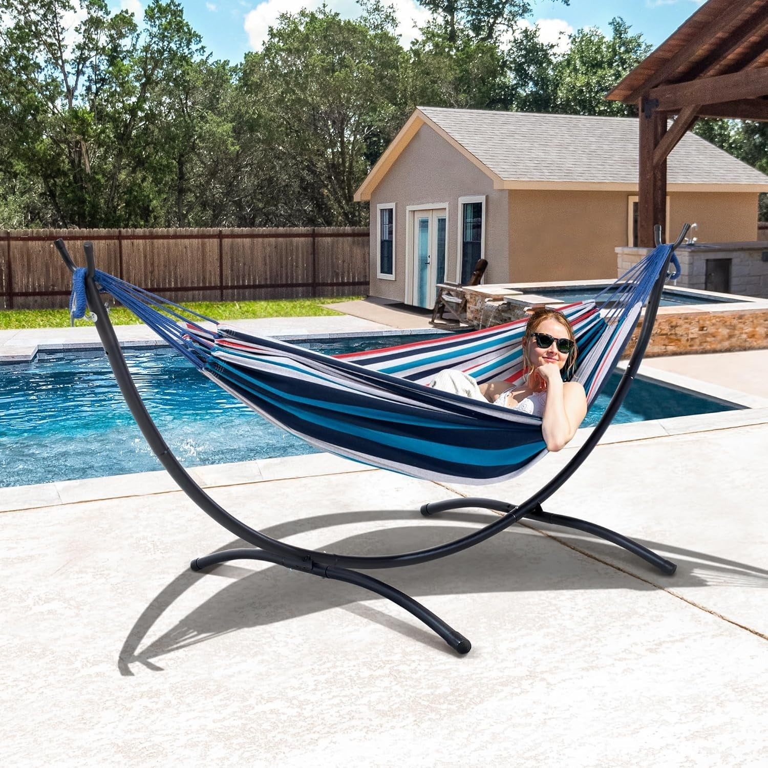 Blue Red Hammock with Stand | 2-3 Person 475lb Capacity | Portable Patio Bed