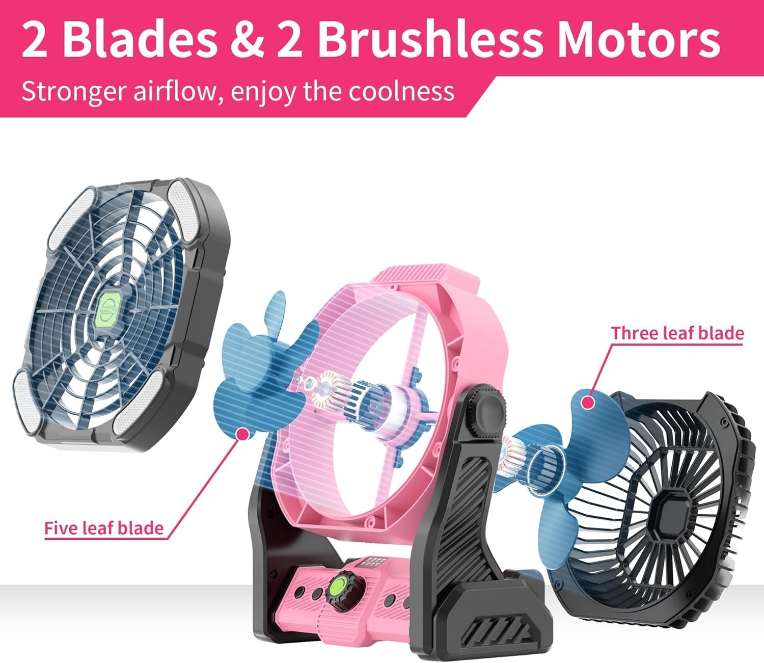 20000mAh Pink Camping Fan – Rechargeable 4-Speed Fan w/ LED Light & 270° Tilt