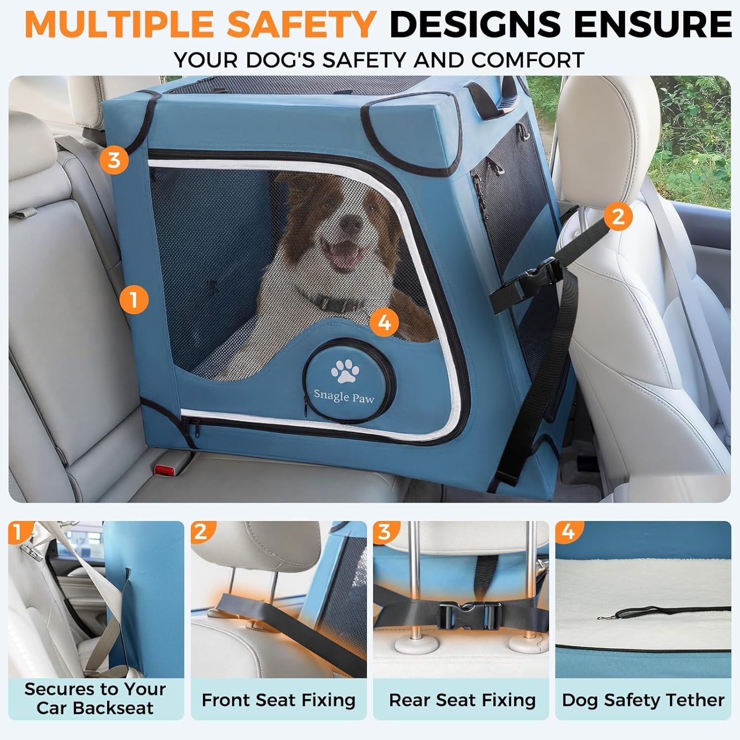 Portable Dog Crate for Car Travel Metal Frame Pet Carrier Foldable Blue