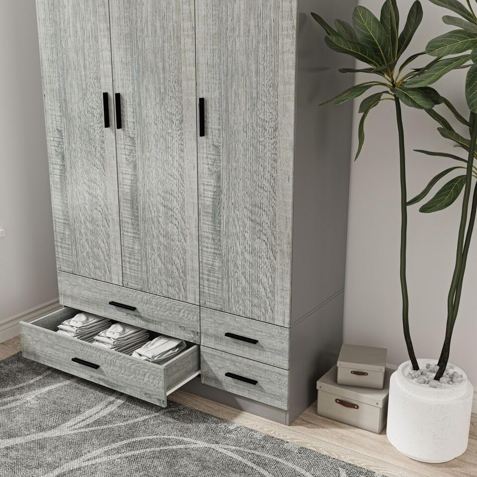 3 Door 4 Drawer Wardrobe with Hanging Rail Bedroom Storage Grey & Ash Grey
