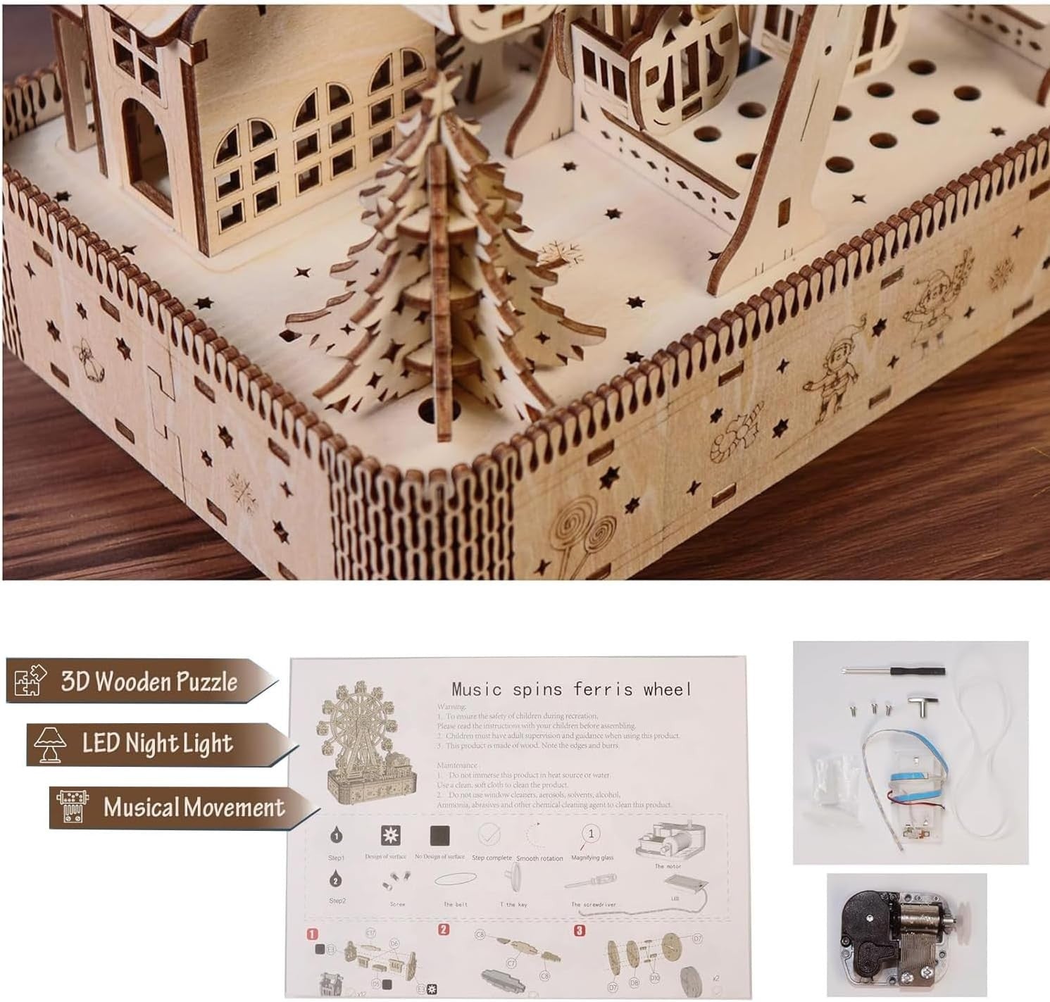 DIY Wooden Ferris Wheel Puzzle Kit – Music Box Model w/ LED Lights Gift