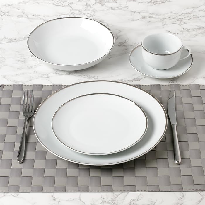30pc Porcelain Dinnerware Set White Platinum Rim Plates Bowls Cups Service for 6