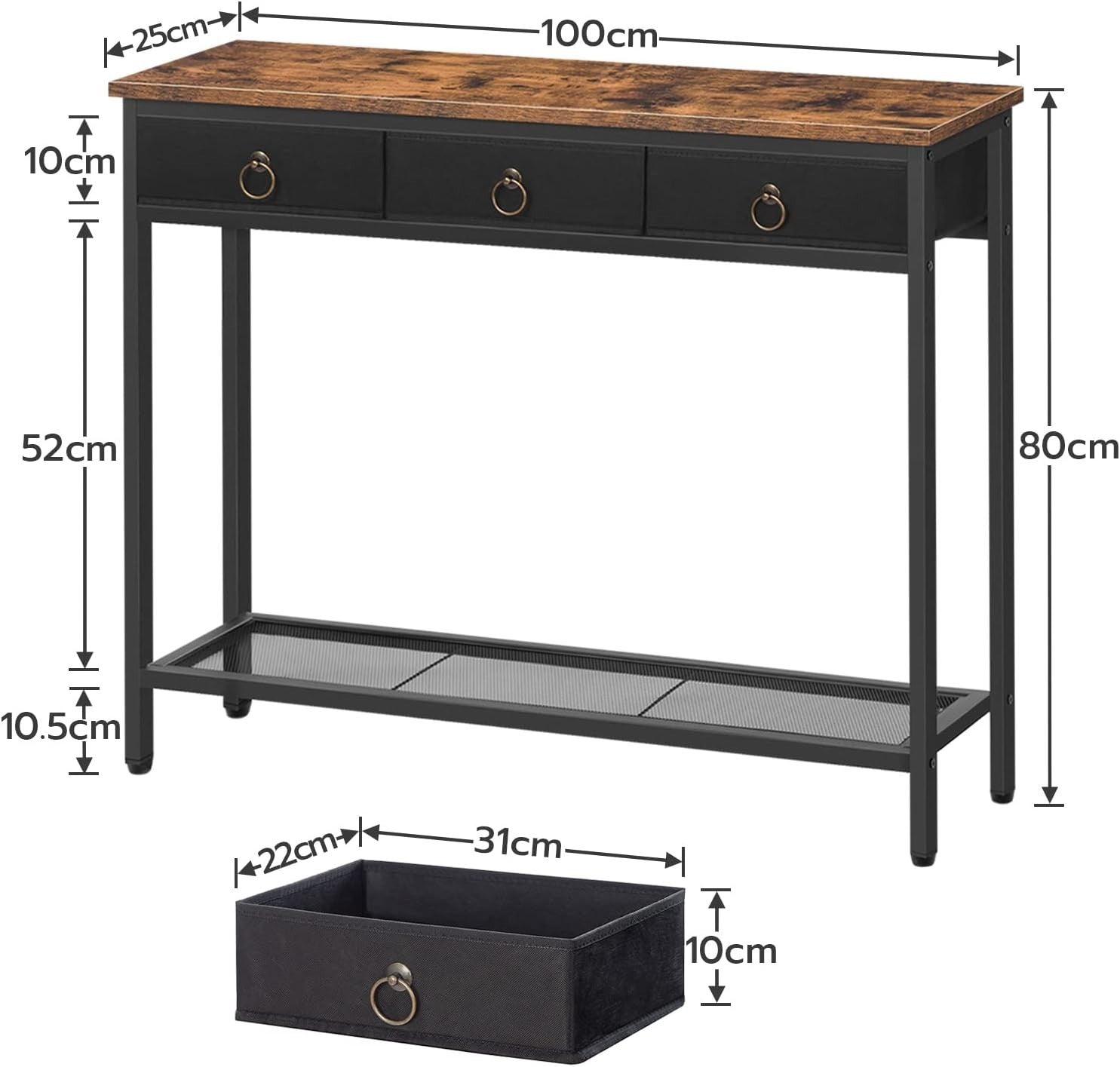 Industrial Console Table with Drawers & Shelf, Slim Metal Frame, 100cm