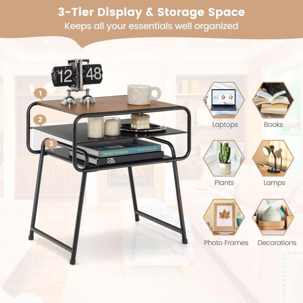 3-Tier Modern Side Table | Metal Frame Sofa End Table with Storage Shelves 40×51