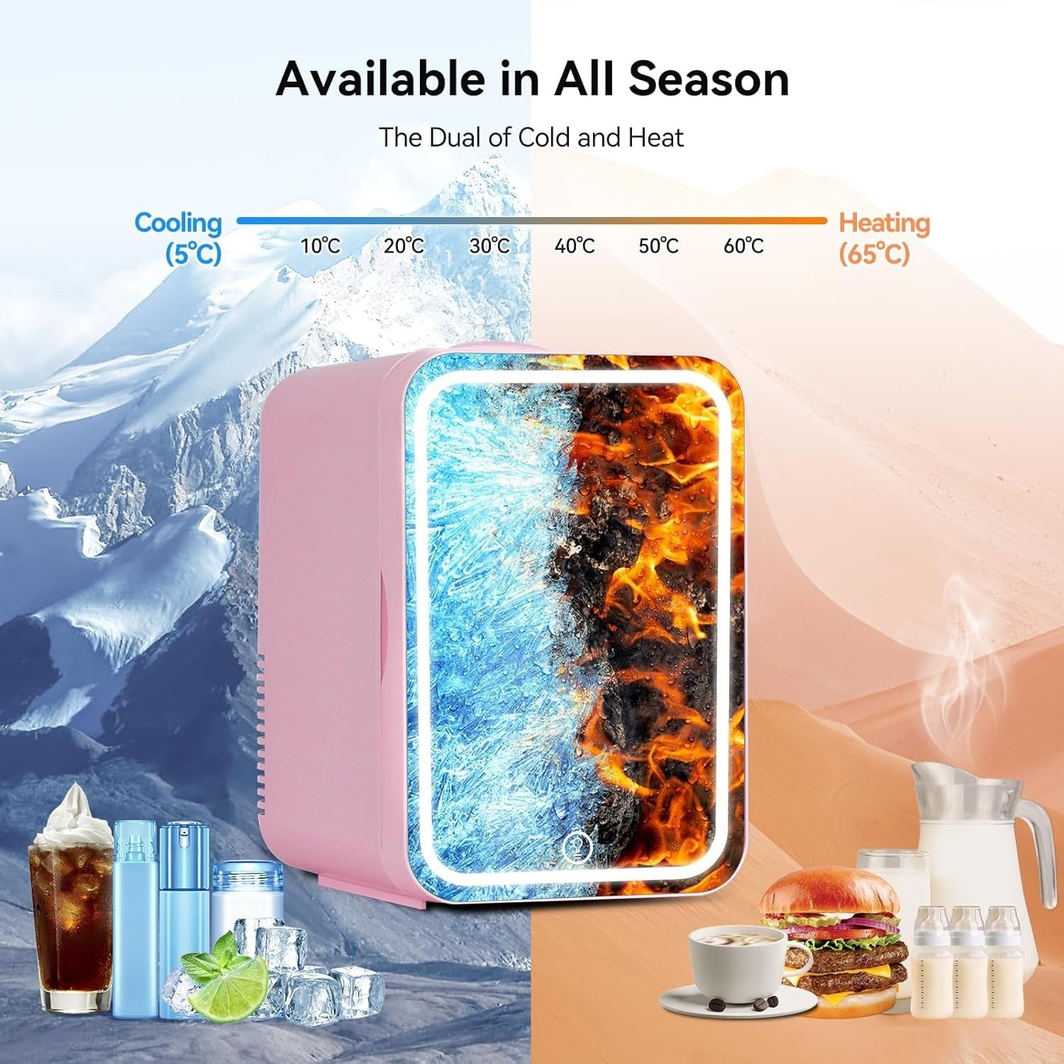 8L Mini Fridge Portable Cooler & Warmer LED Mirror AC/DC Pink