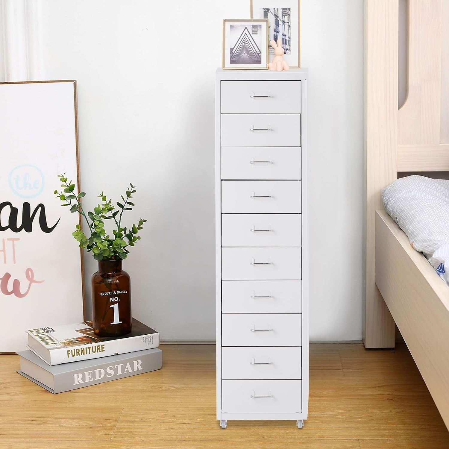 White Slim Rolling Drawer Tower 10 Tier Metal Office File Storage