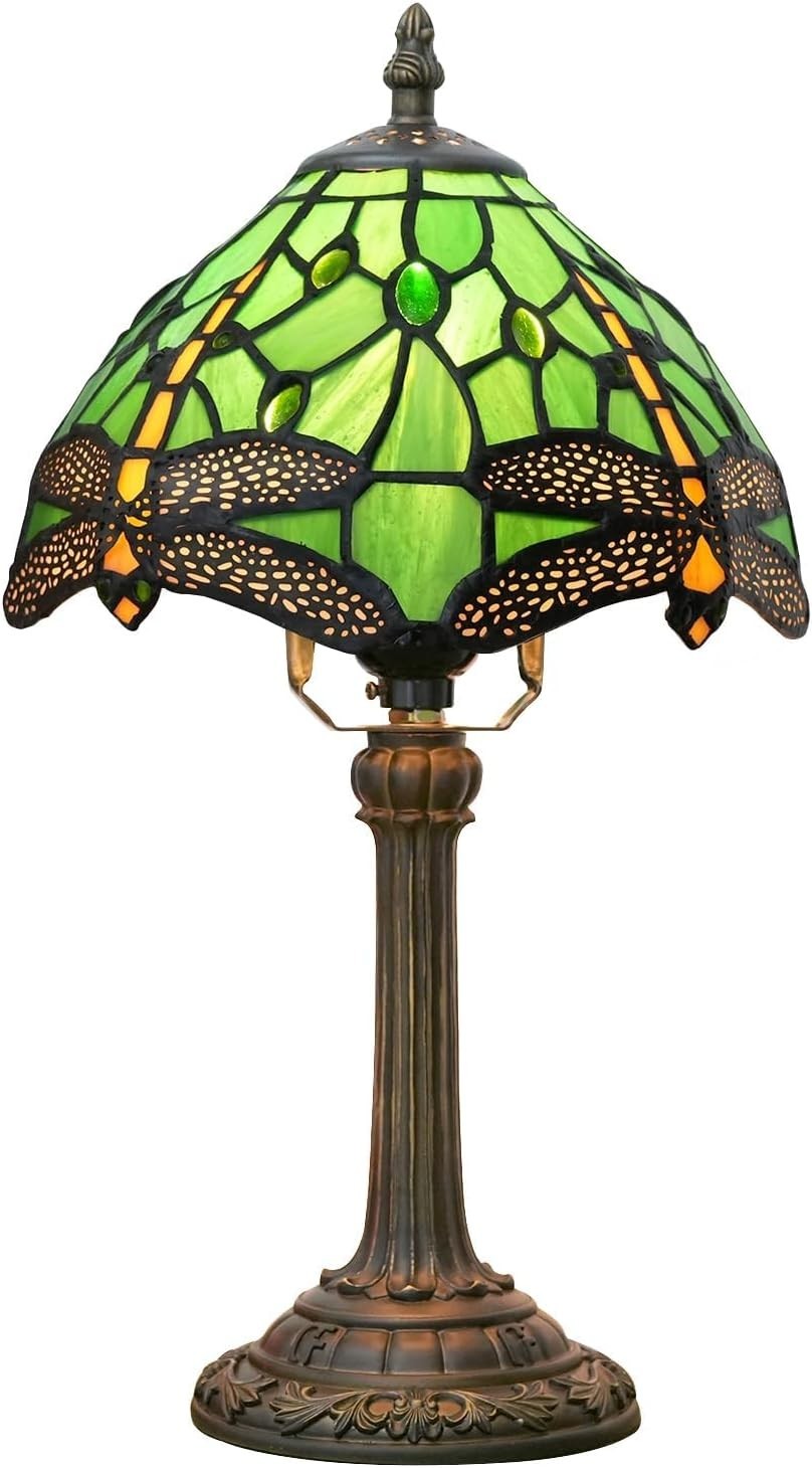 Green Dragonfly Stained Glass Table Lamp 8x14 Inch Bedside Light