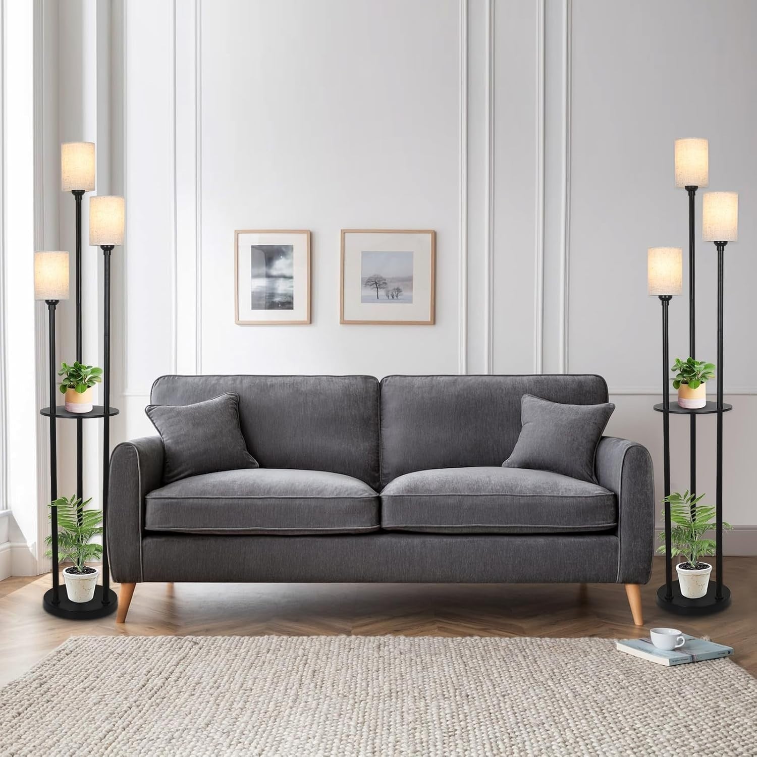 Modern 3-Light Floor Lamp with Shelves, Linen Shades & Foot Switch, 79" Tall