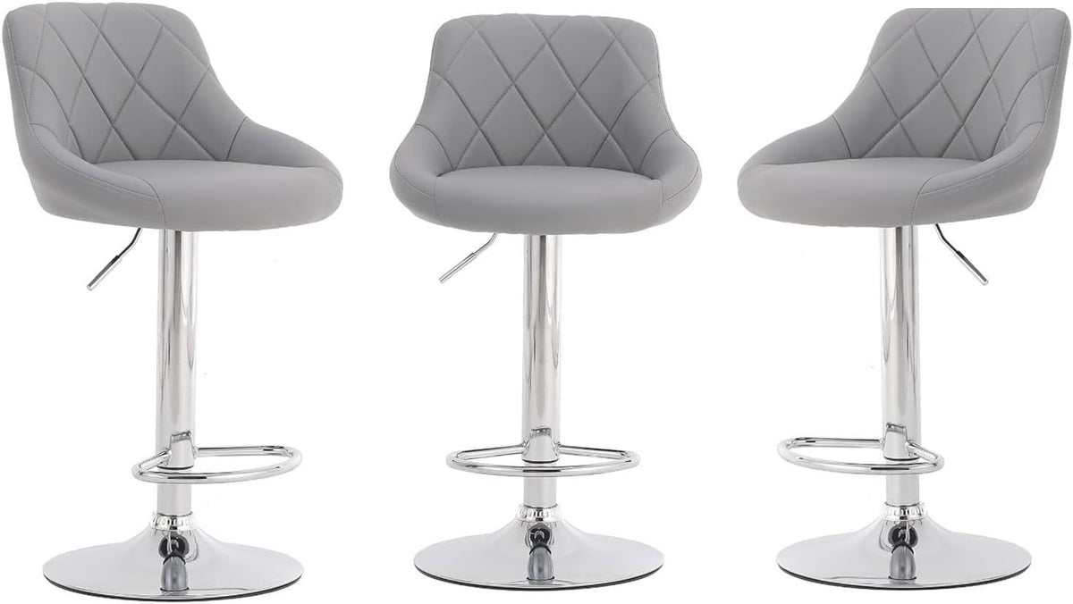 3 Grey Bar Stools Faux Leather Swivel Height Adjustable Kitchen Chairs