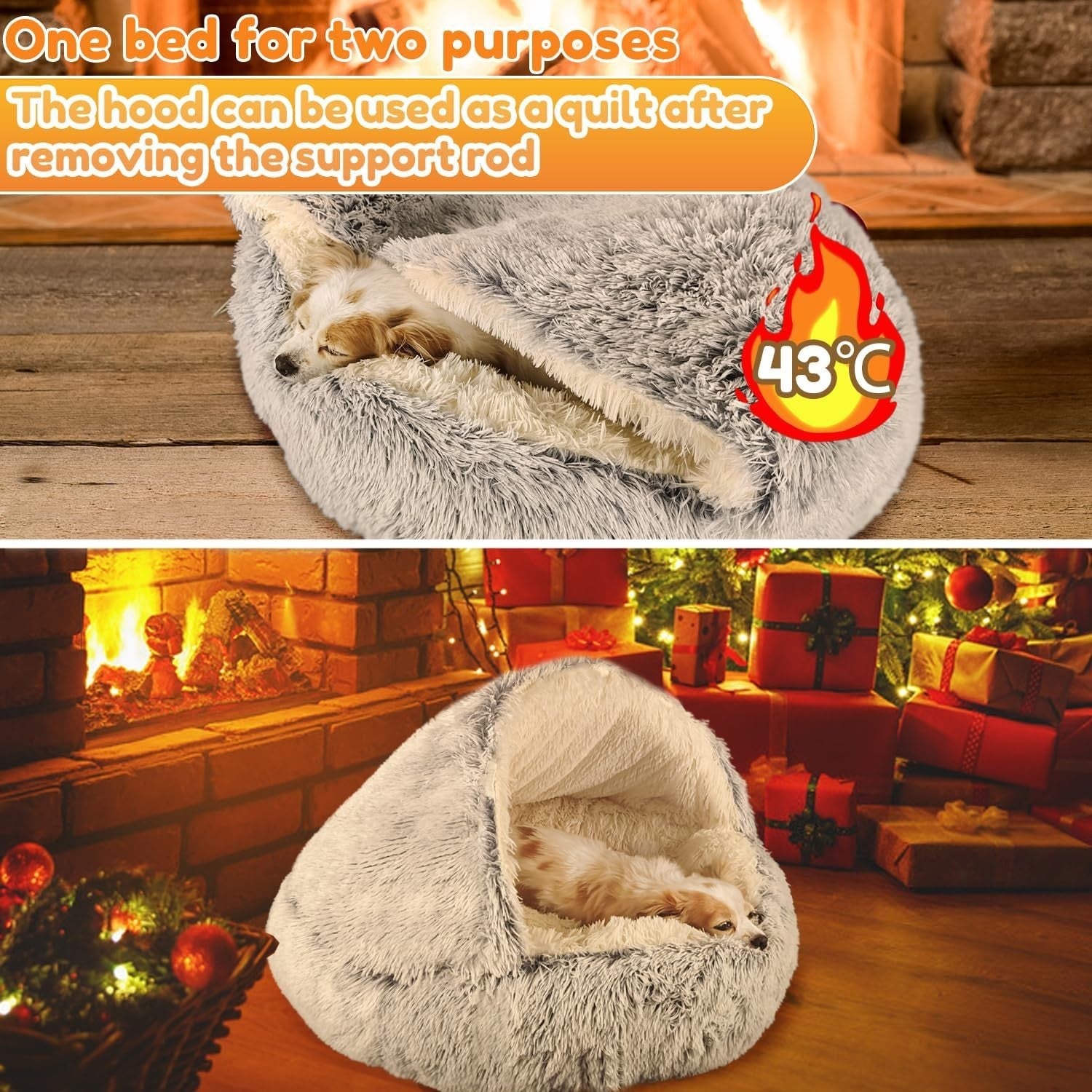 Large Calming Dog Cave Bed 80cm Hooded Washable Anti Anxiety