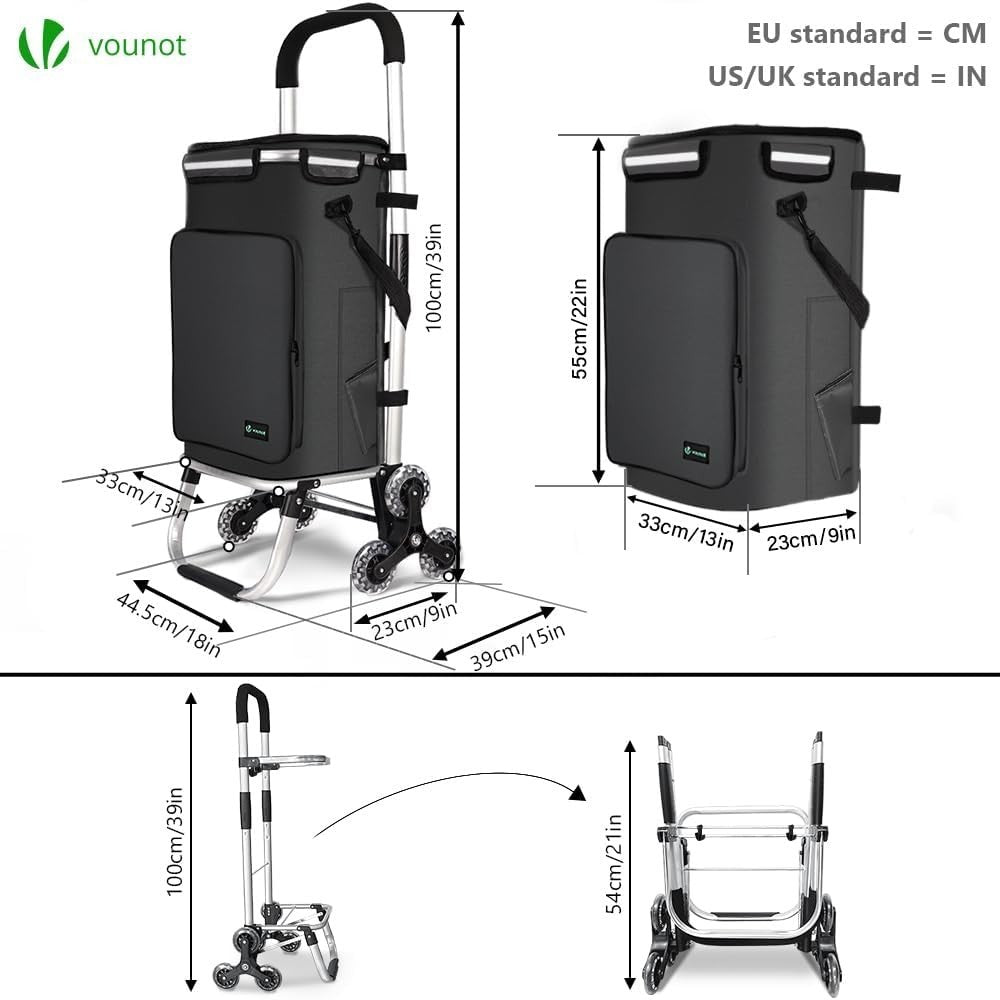60L Folding 6-Wheel Grocery Cart Black Stair Climbing Shopping Trolley