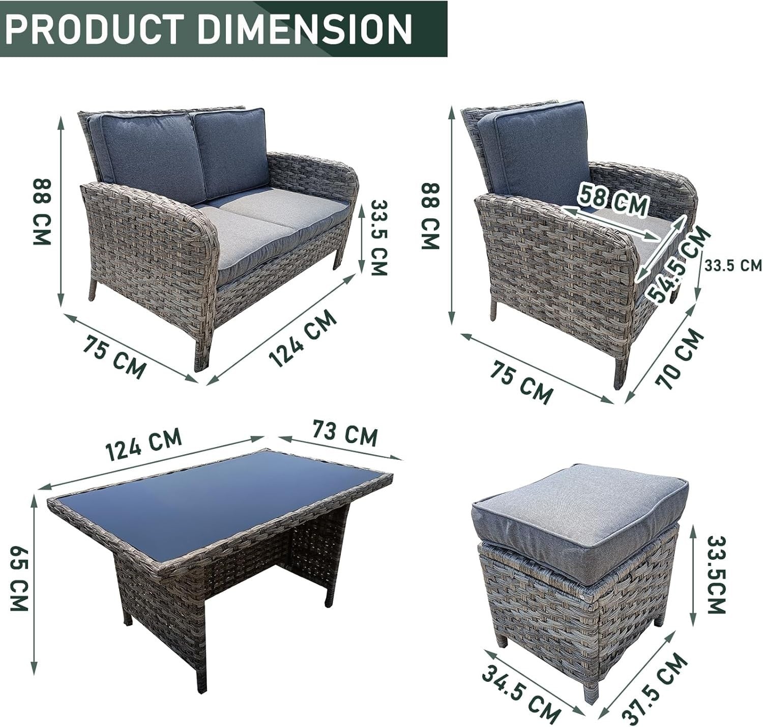 Rattan Garden Sofa Set 6PC Outdoor Dining Furniture w/ Glass Table