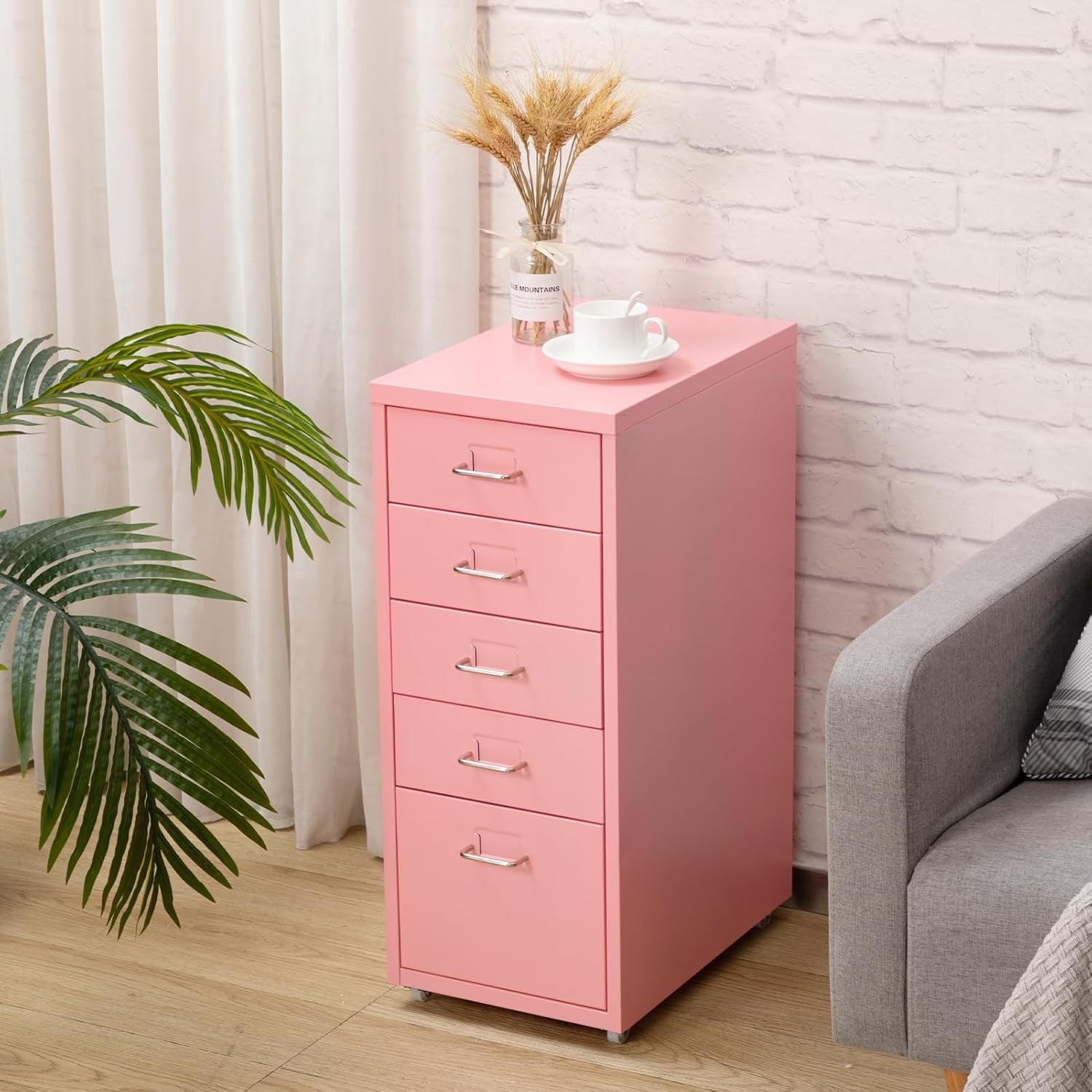 5 Drawer Metal File Cabinet with Wheels, Lockable Office Storage Unit