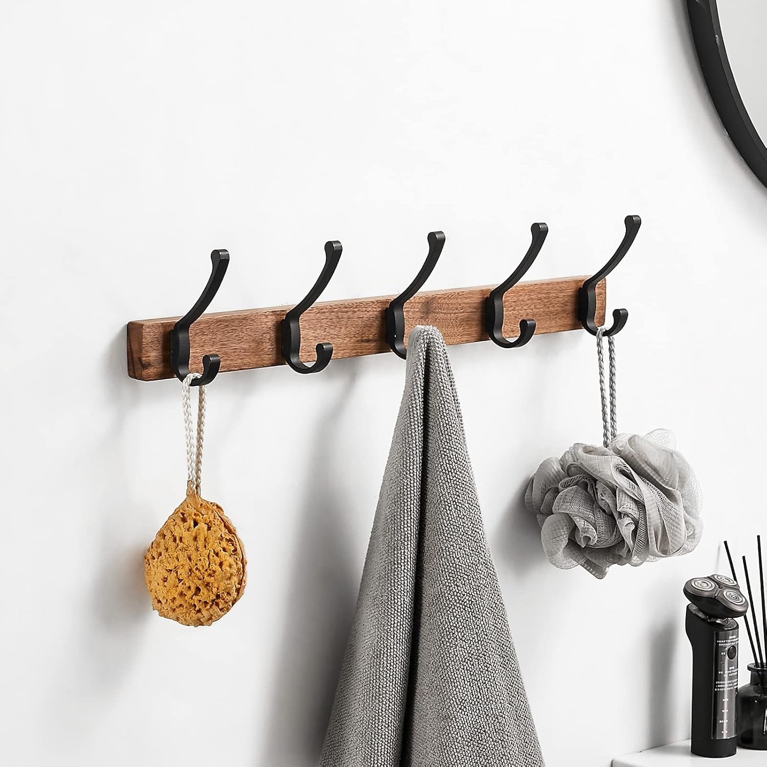Walnut Wall Coat Rack 5 Black Hooks | Modern Wooden Hanger Rail for Hallway