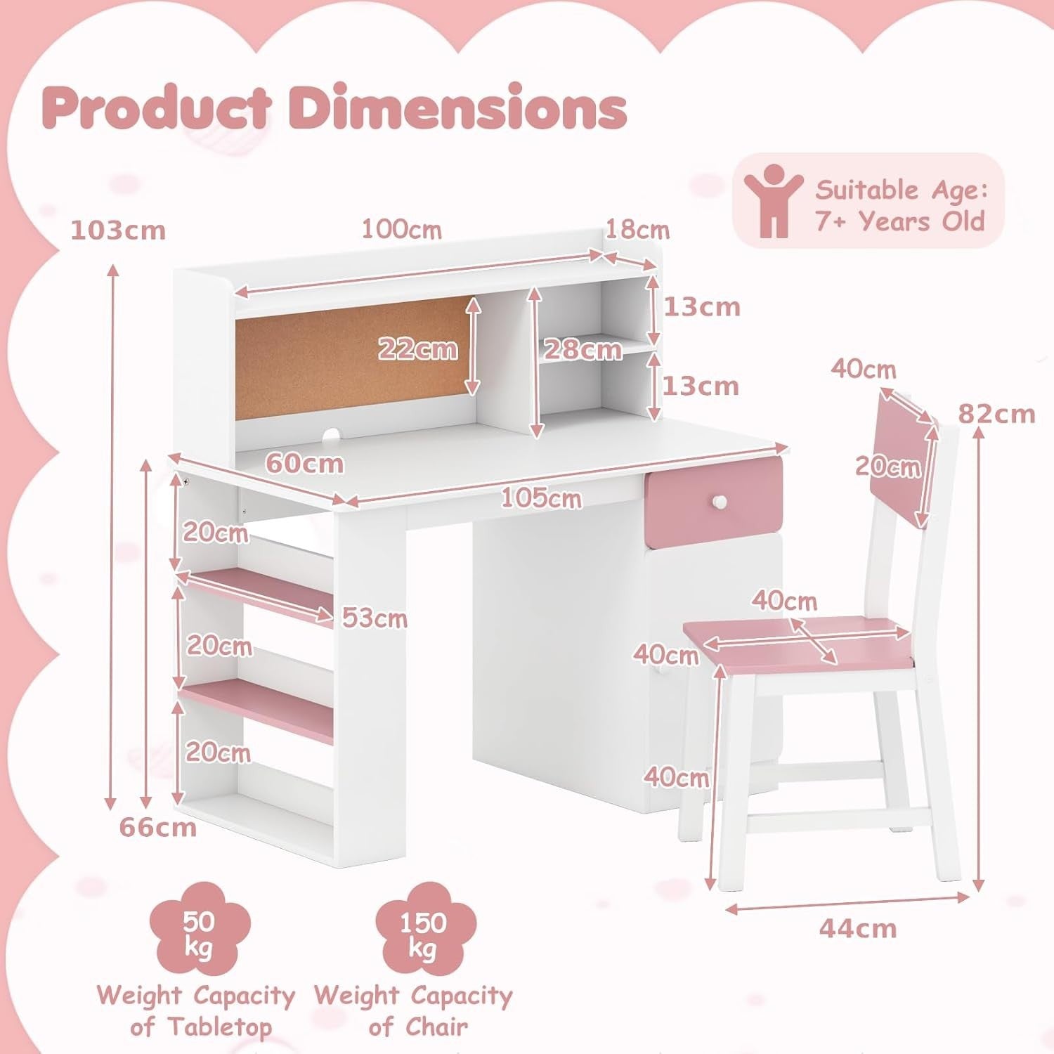 Kids Study Desk and Chair Set Wooden Writing Table Storage Shelves Drawer Pink
