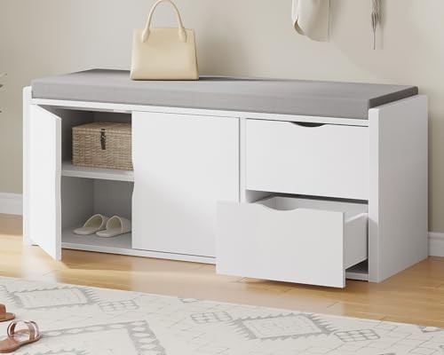 White Oak Entryway Shoe Storage Bench, Cushion 2 Drawers Hidden Rack 101x34x45cm