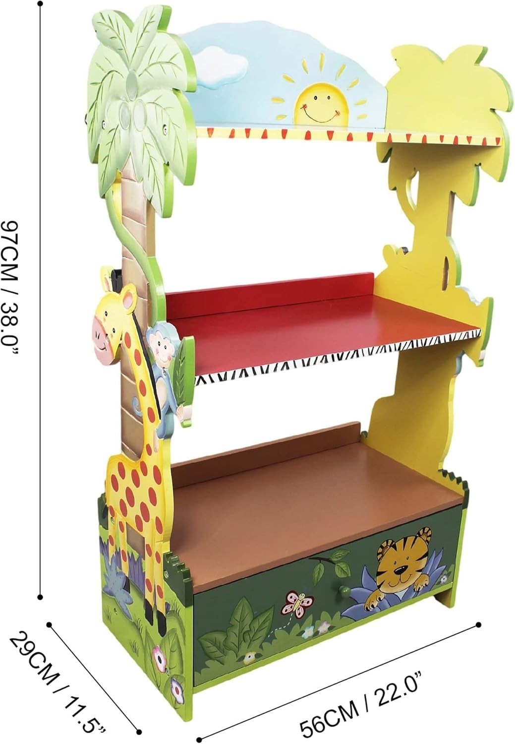 Safari-Themed Kids Bookshelf with Drawers, Large Wooden Storage Unit 96cm