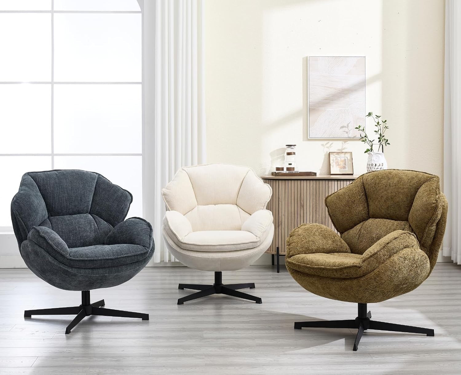Swivel Lounge Chair Yellow Chenille Armchair 360° Comfy Reading Seat