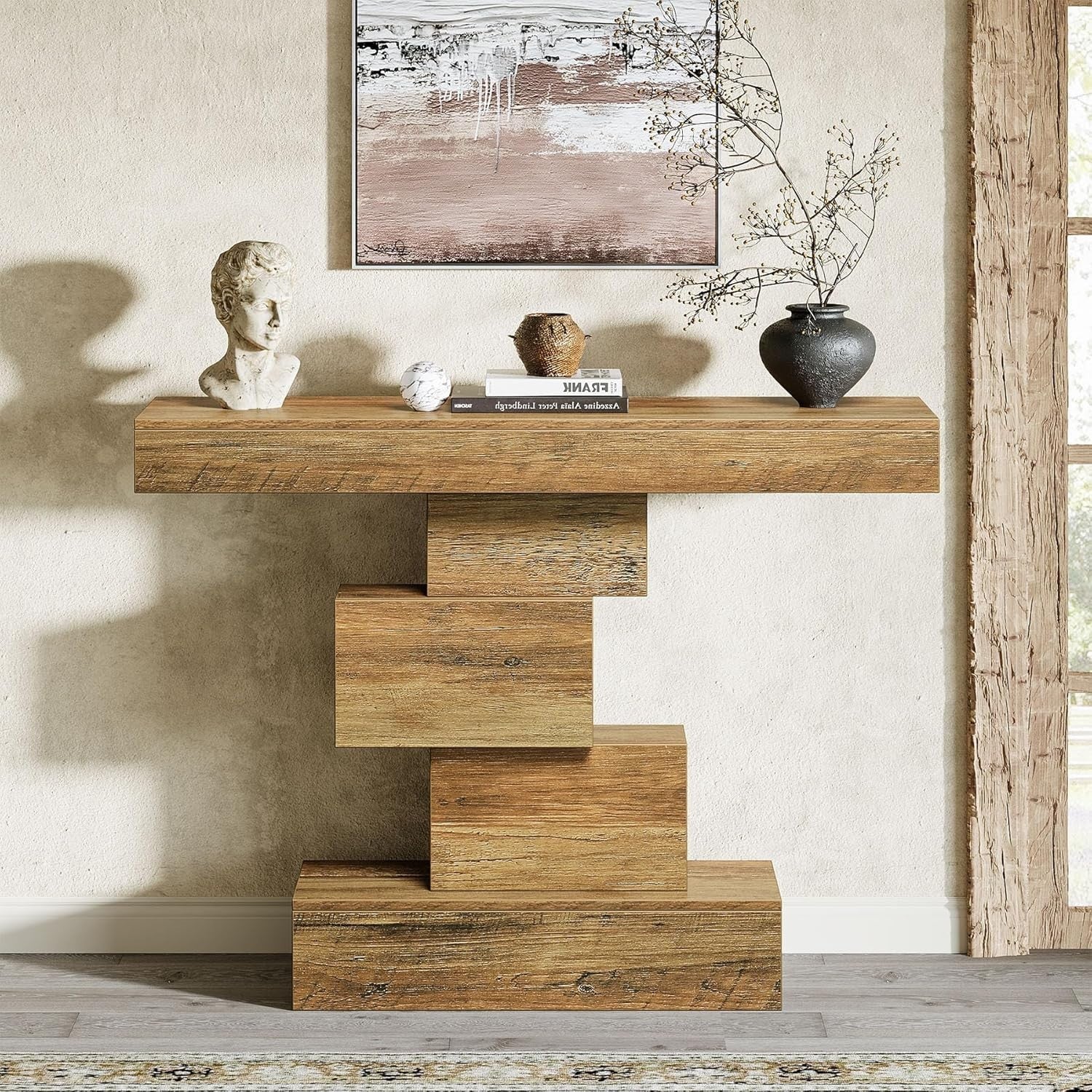 Rustic Oak Console Table with Geometric Base, Slim 108cm Sofa Hallway Table