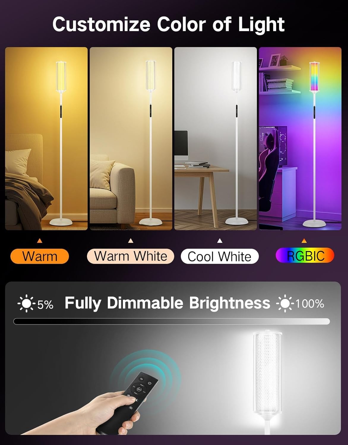 Smart RGB Corner Floor Lamp App Remote Music Sync Dimmable LED Light