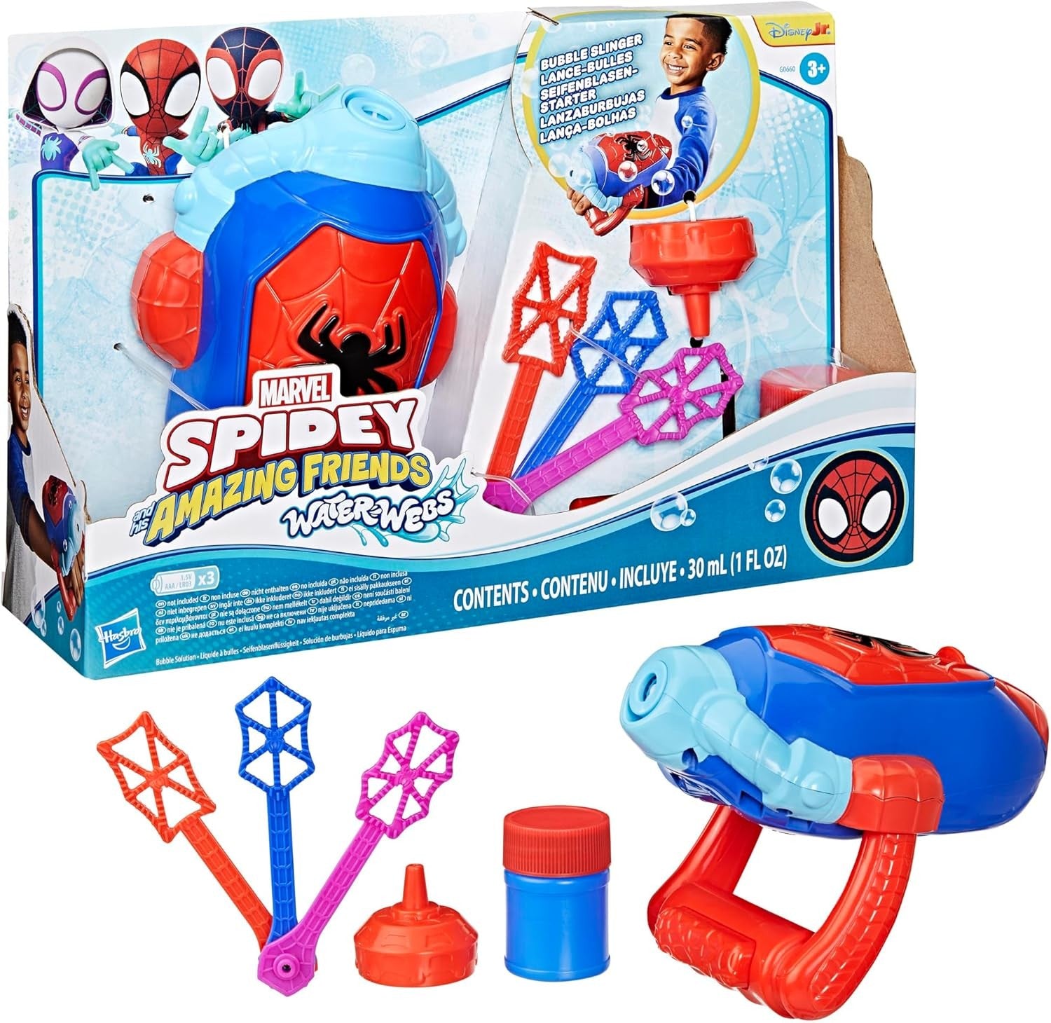 Kids Superhero Bubble Blaster Toy with 3 Wands & Solution