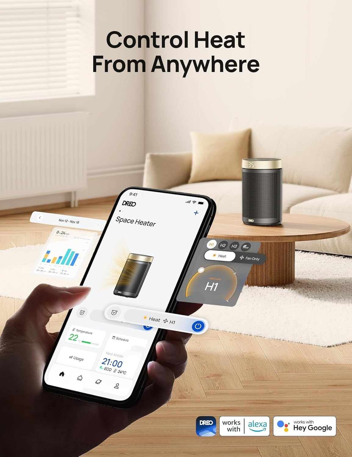 Smart 1500W Tower Heater – WiFi, Alexa, Silent, Timer & Thermostat