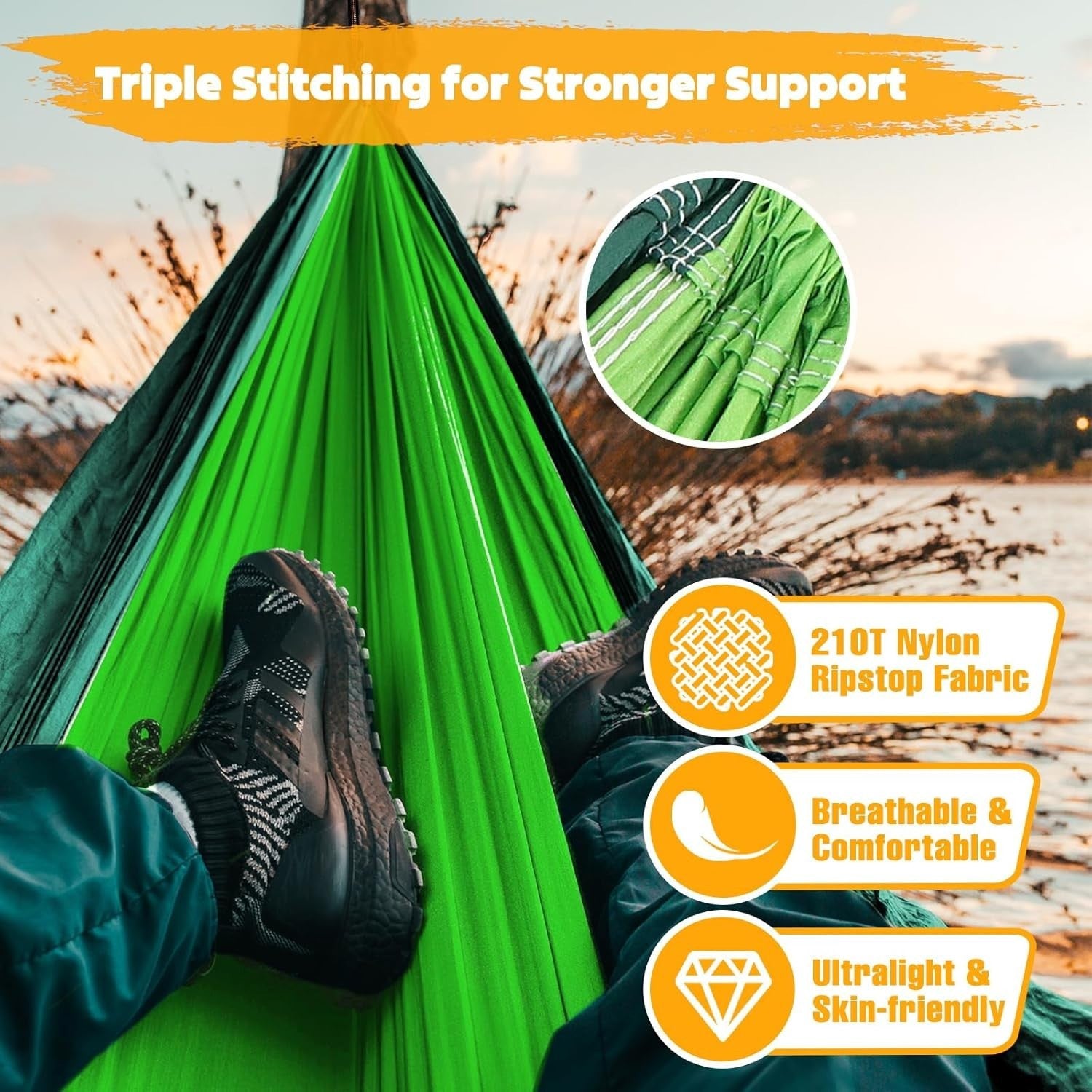 Heavy-Duty 300x200cm Nylon Camping Hammock w/ 2 Carabiners & Straps