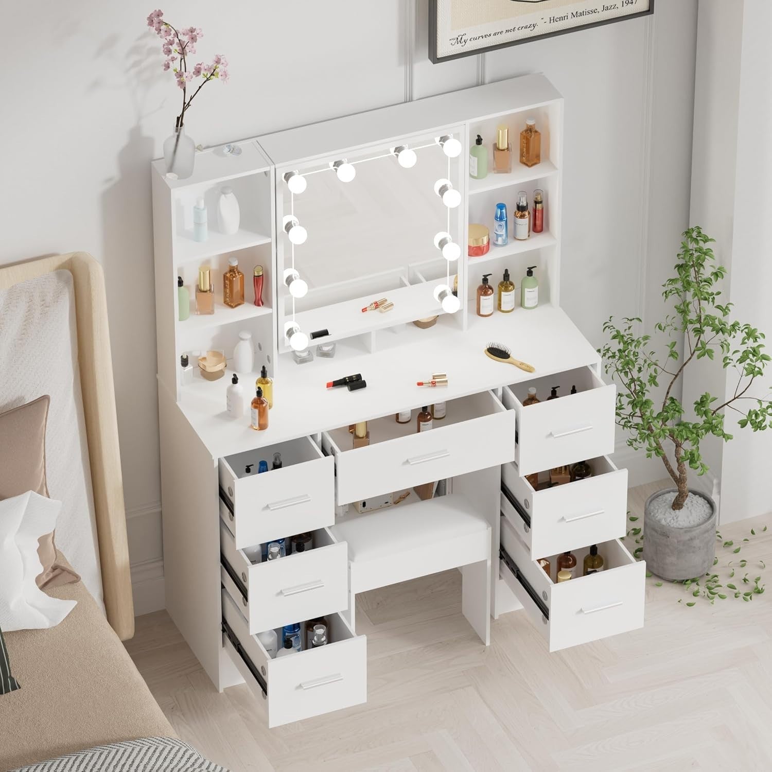Modern Vanity Makeup Dressing Table w/Mirror Storage Drawers Lights Ivory