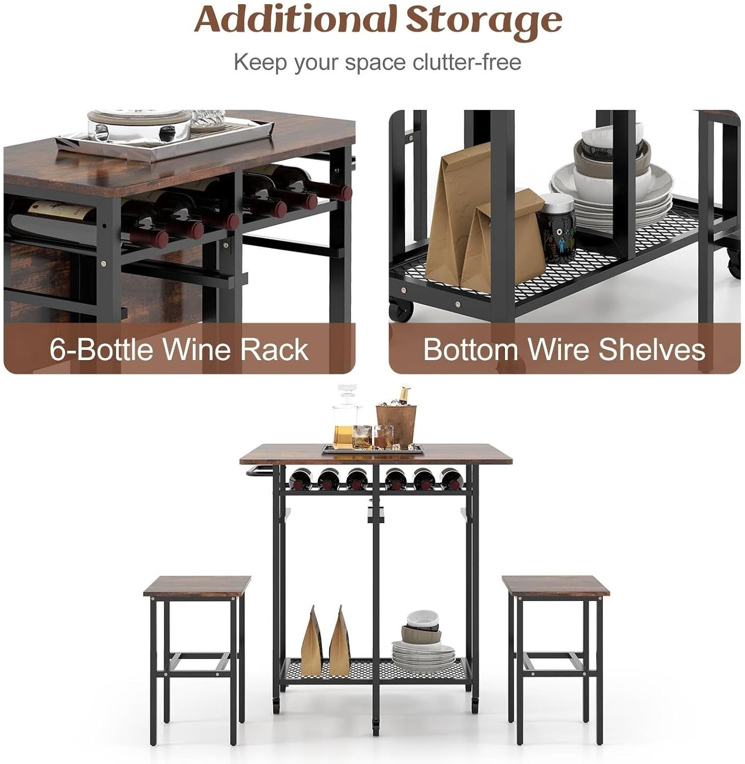 3-Piece Folding Dining Table & Stools Set with Wine Rack Storage Brown