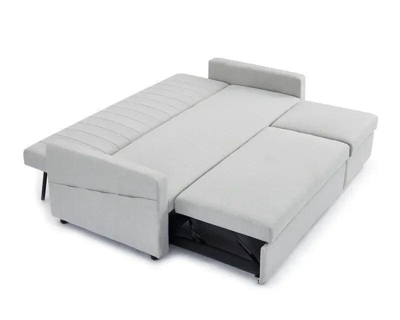 Grey Linen 3 Seater Sofa Bed Pull Out Couch Storage Chaise Guest Sleeper