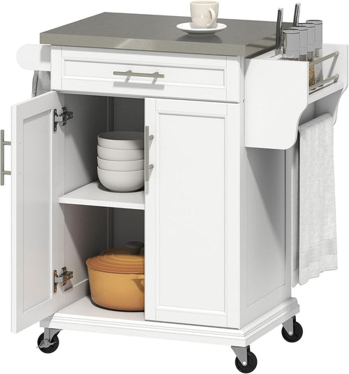 Kitchen Island Cart with Stainless Steel Top, Storage Drawer & Wheels, White