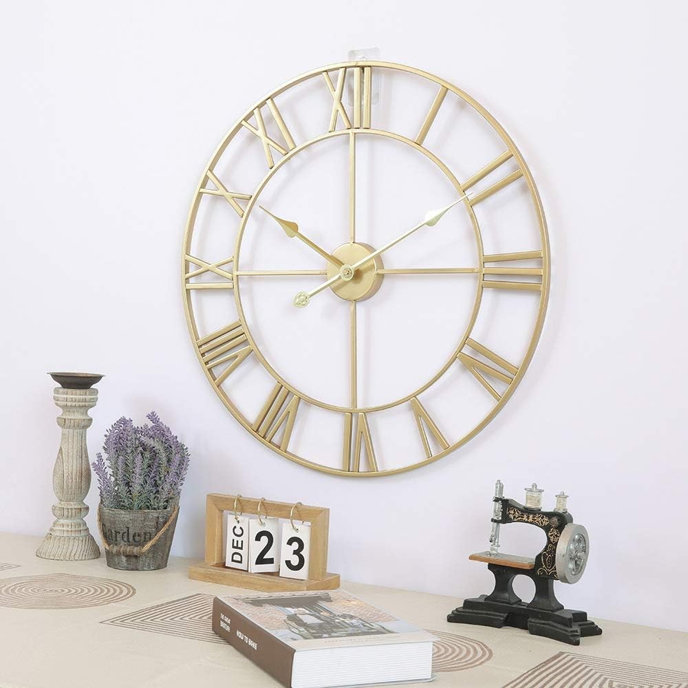 40cm Gold Roman Numeral Wall Clock Metal Silent Quartz Large Modern Decor