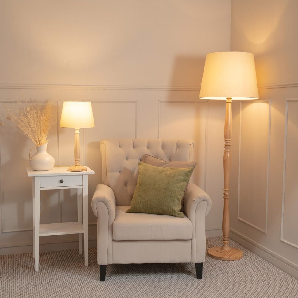 Wood Candlestick Table Lamp Beige Shade Bedside Living Room LED Bulb